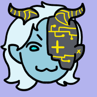 A looping gif of a blue tiefling with yellow facial prosthetics blinking. Drawn by tieflingcxre